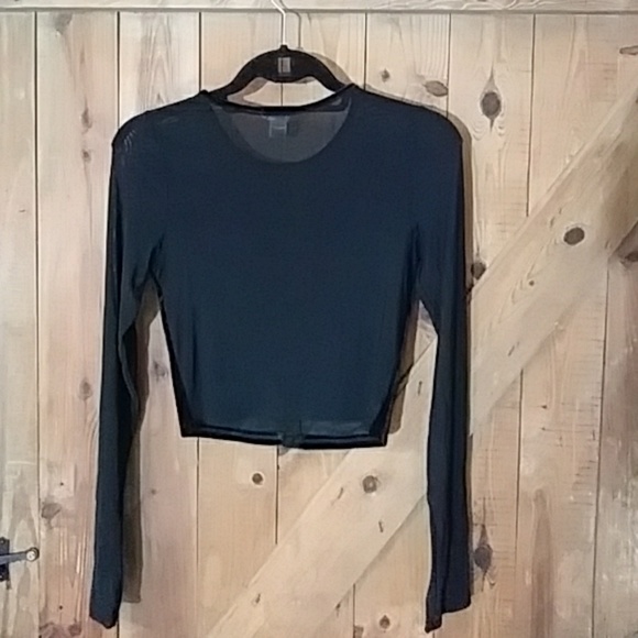 90s Black Velvet and Mesh Long-sleeved Top M - Picture 2 of 4